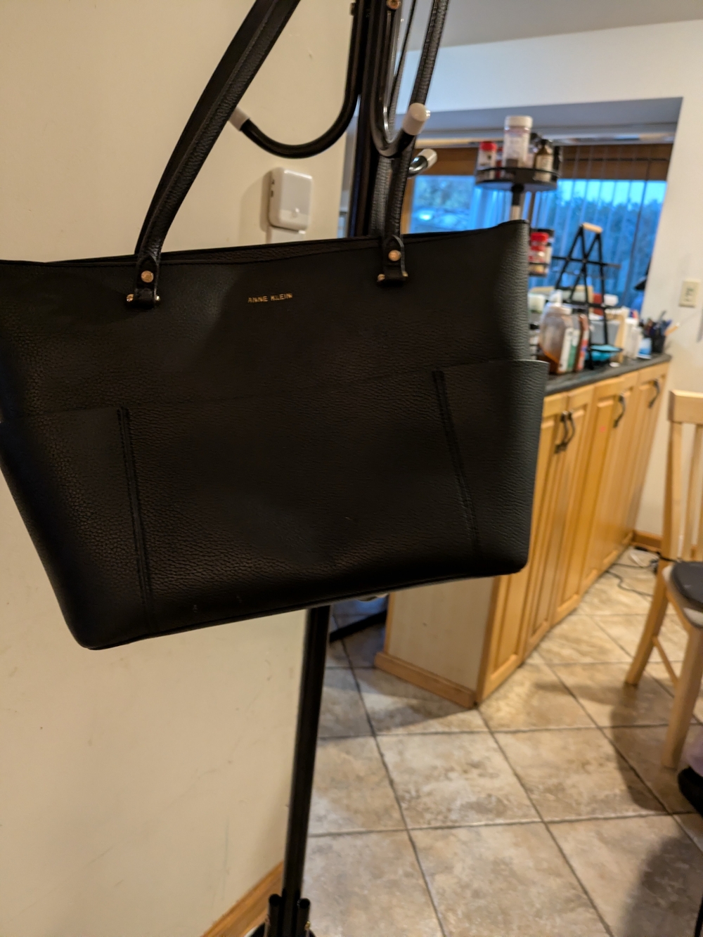 Anne Klein Black Pebbled Faux Leather Tote Shoulder Bag Gold Logo